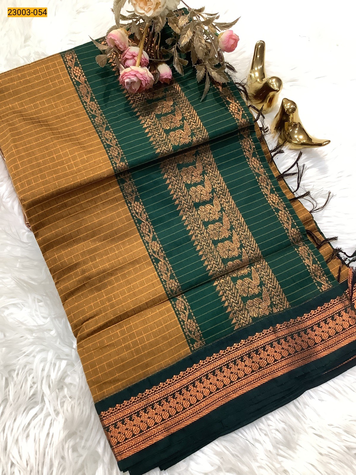 Brown Checked Kalyani Cotton Saree