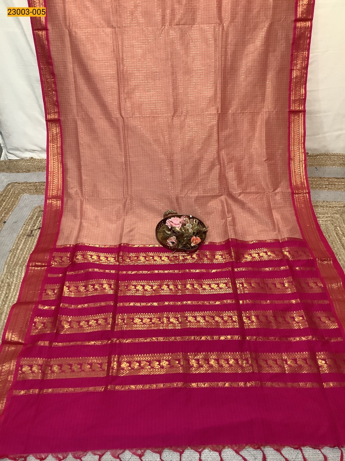 Peach Checked Kalyani Cotton Saree