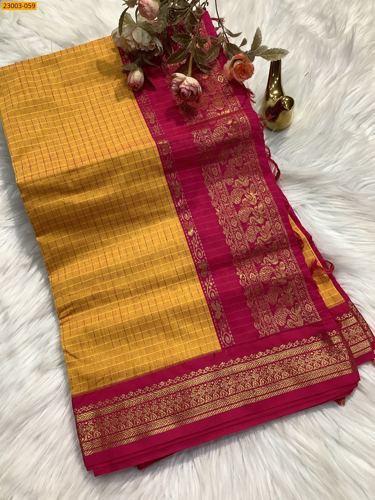 Yellow Kalyani Cotton checked Sarees