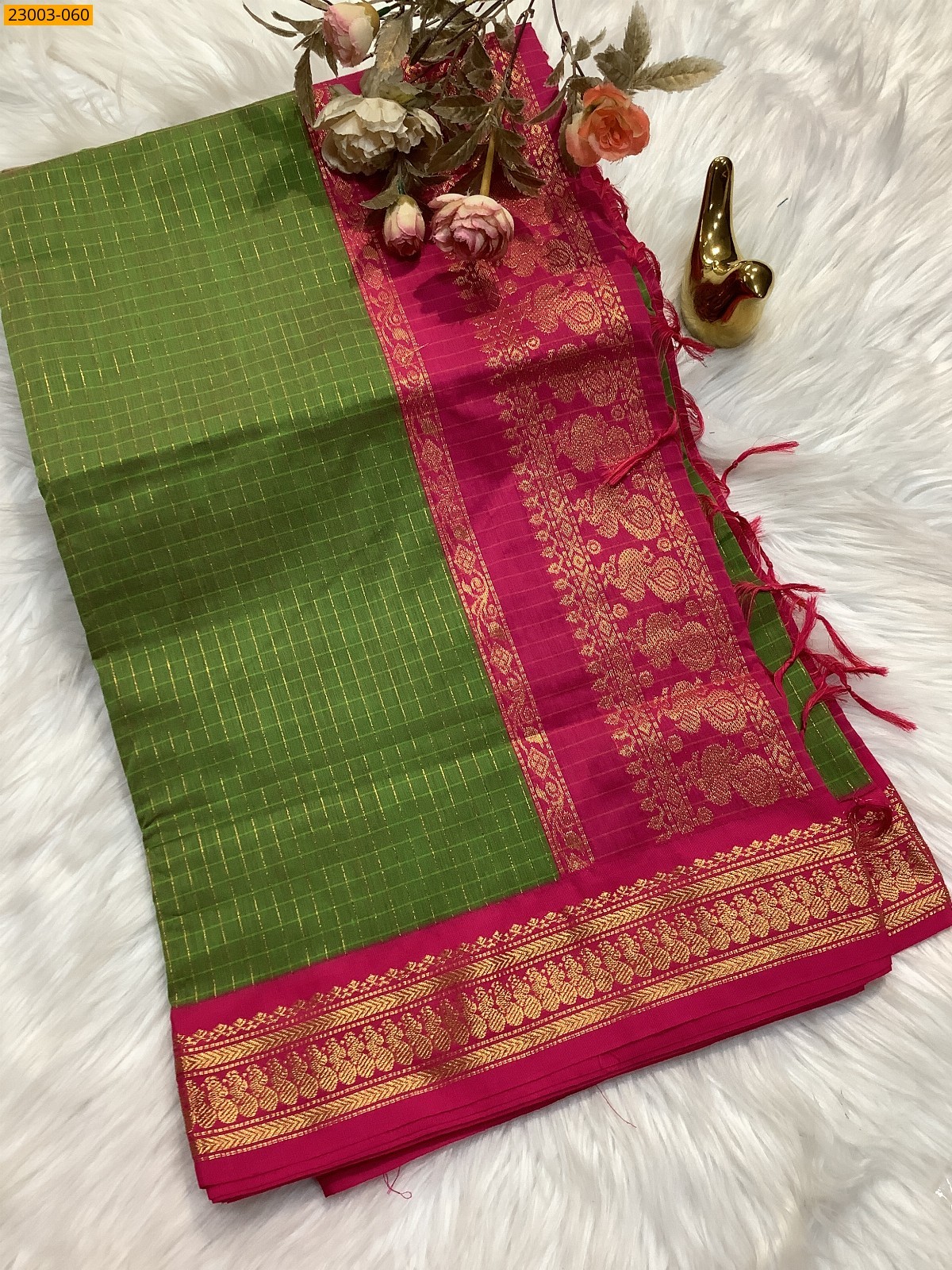 Light Green Kalyani Cotton checked Sarees