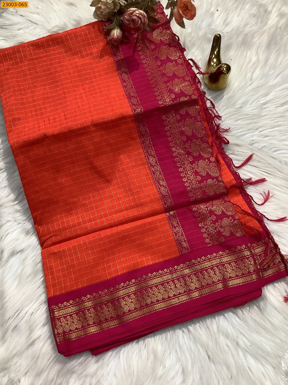 Orange Kalyani Cotton checked Sarees