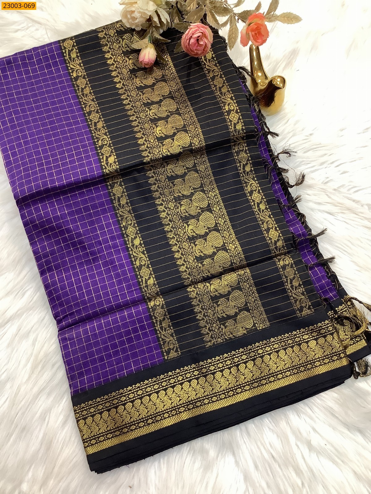 Purple Kalyani Cotton checked Sarees