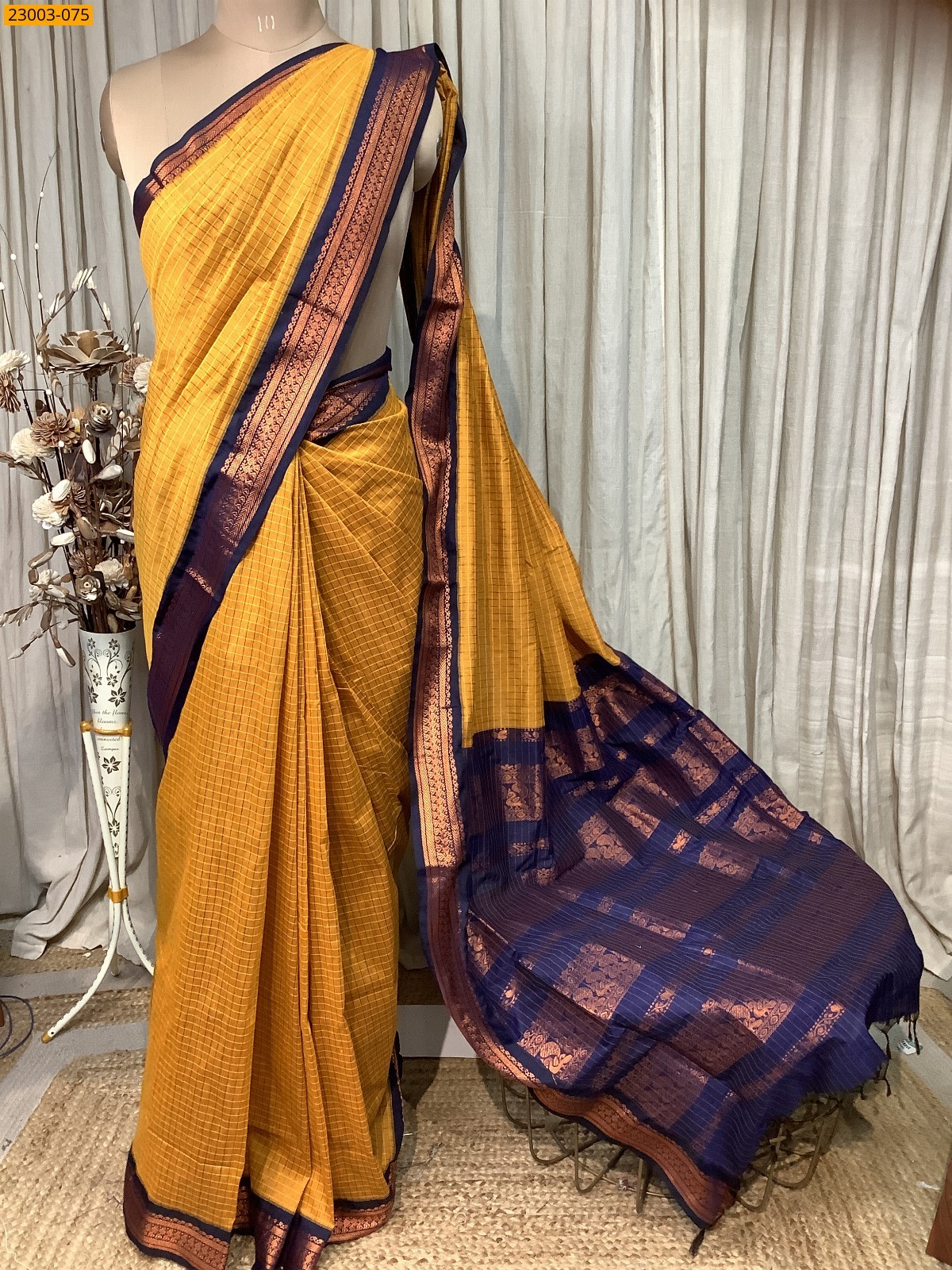 Yellow Kalyani Cotton checked Sarees