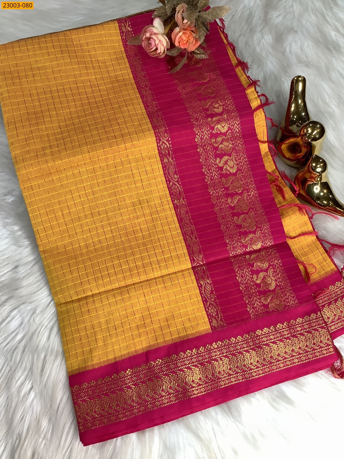 Yellow Kalyani Cotton checked Sarees