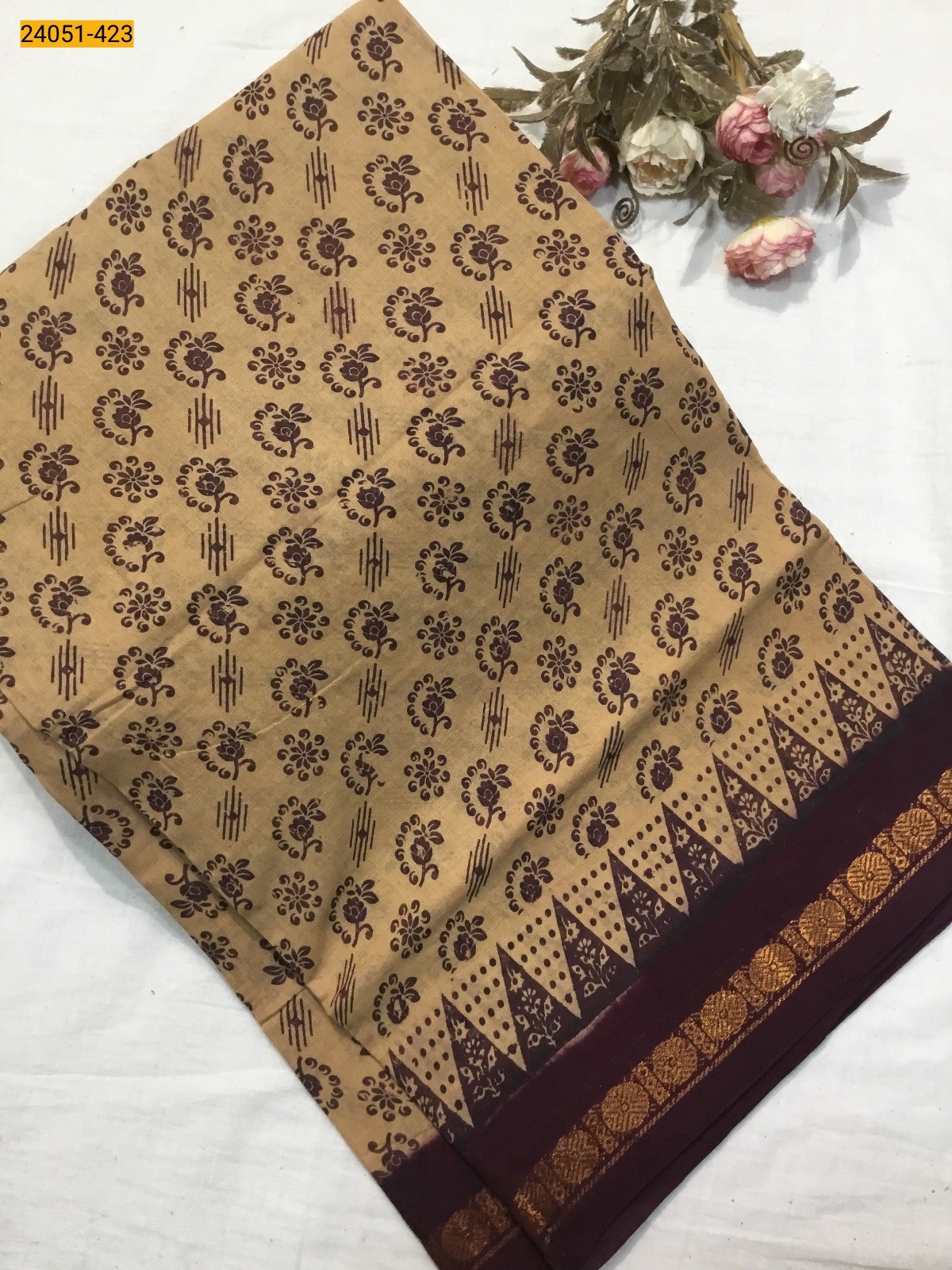 Brown With Maroon Sungudi Cotton Printed Saree