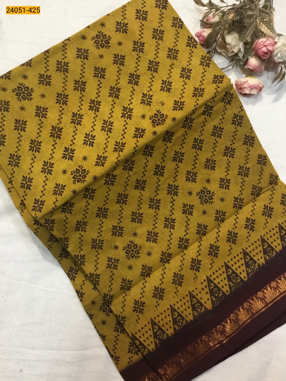 Mustard Yellow With Maroon Sungudi Cotton Printed Saree