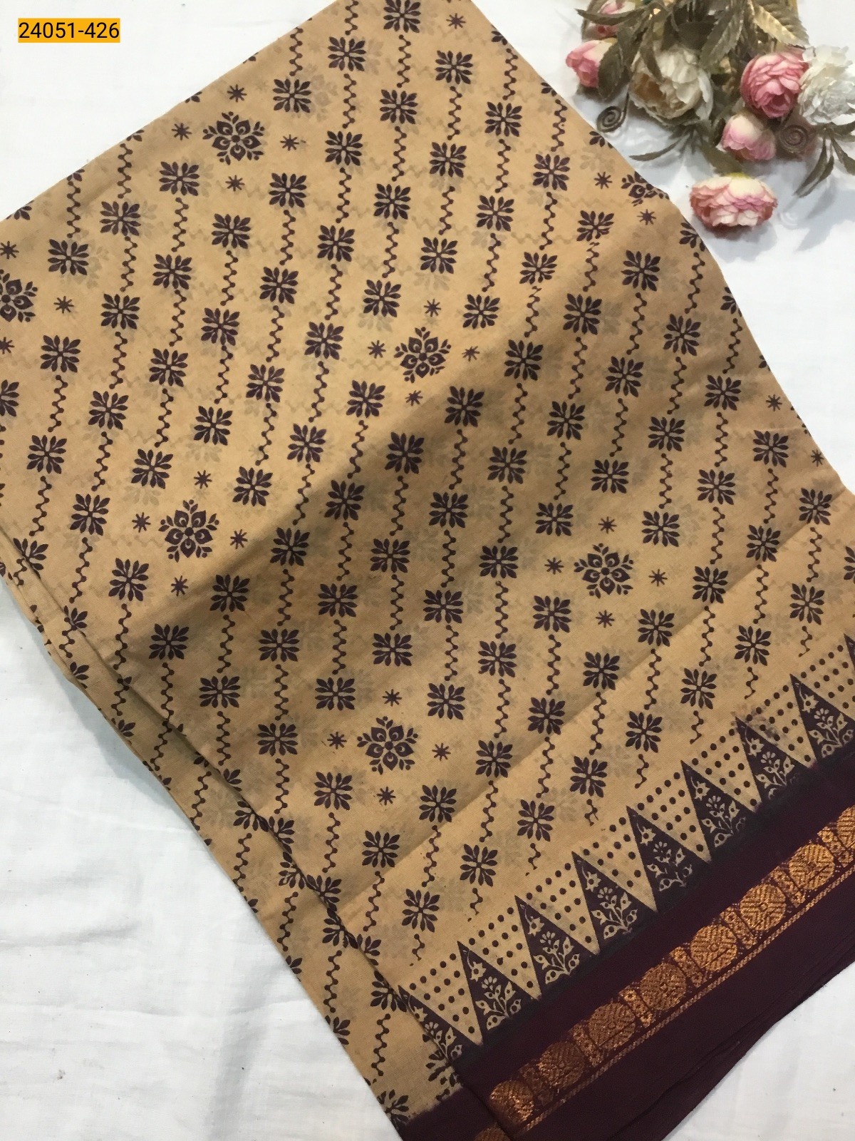 Brown With Maroon Sungudi Cotton Printed Saree