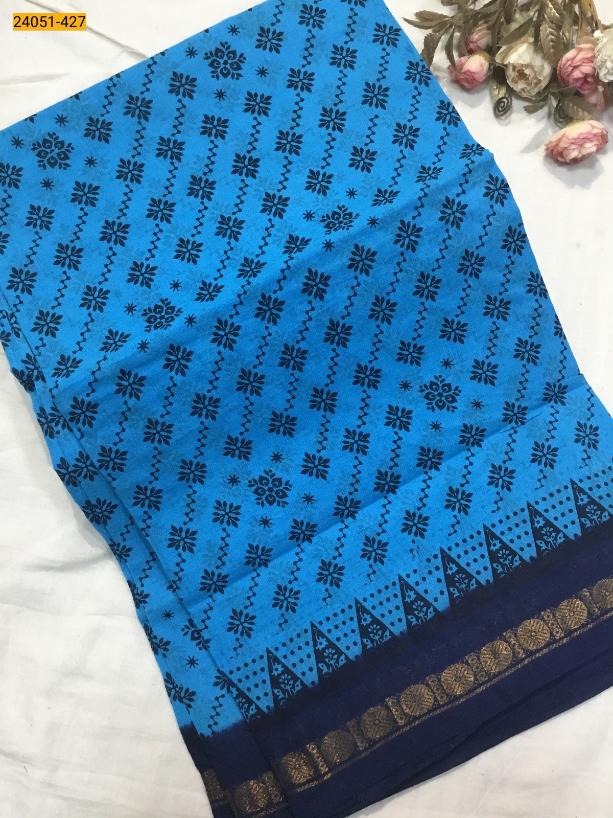 Sky Blue With Navy Sungudi Cotton Printed Saree