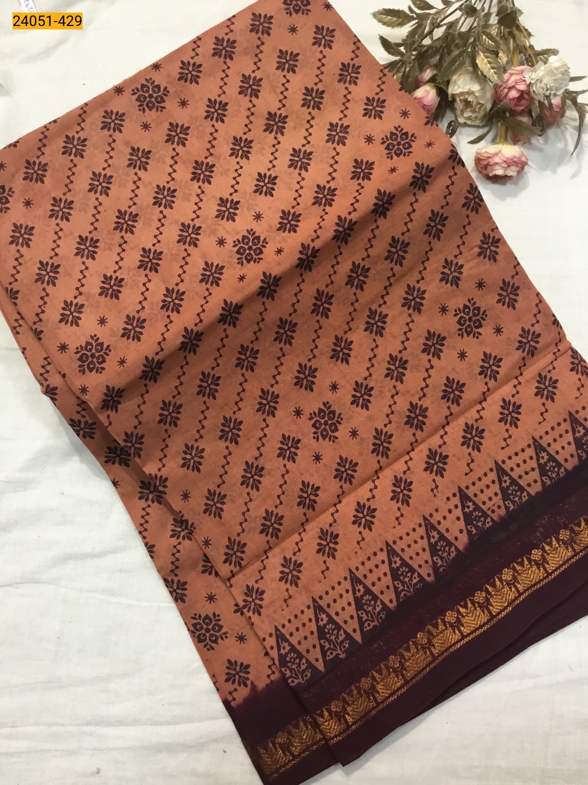 Rust Orange With Brown Sungudi Cotton Printed Saree