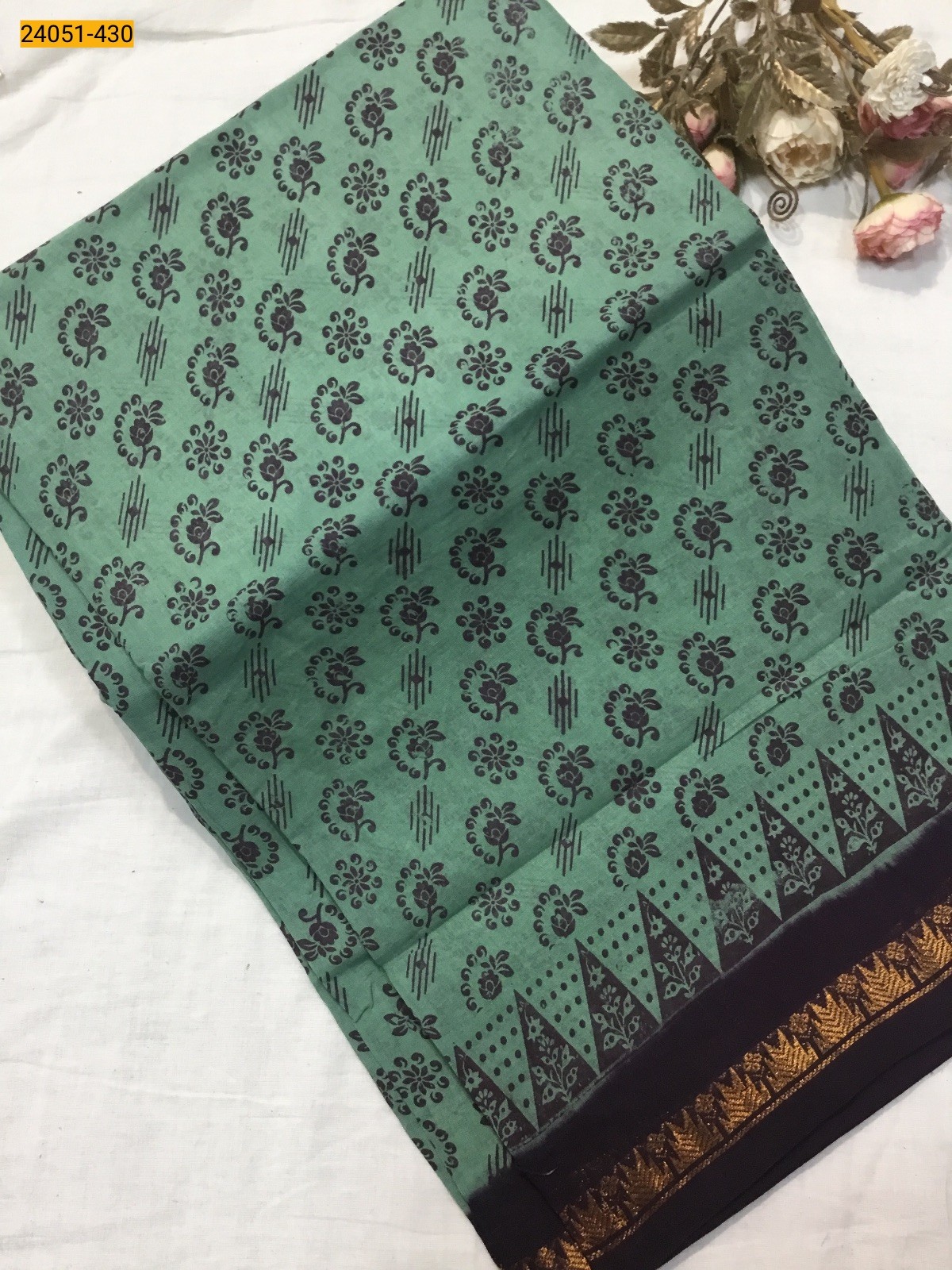 Green With Brown Sungudi Cotton Printed Saree