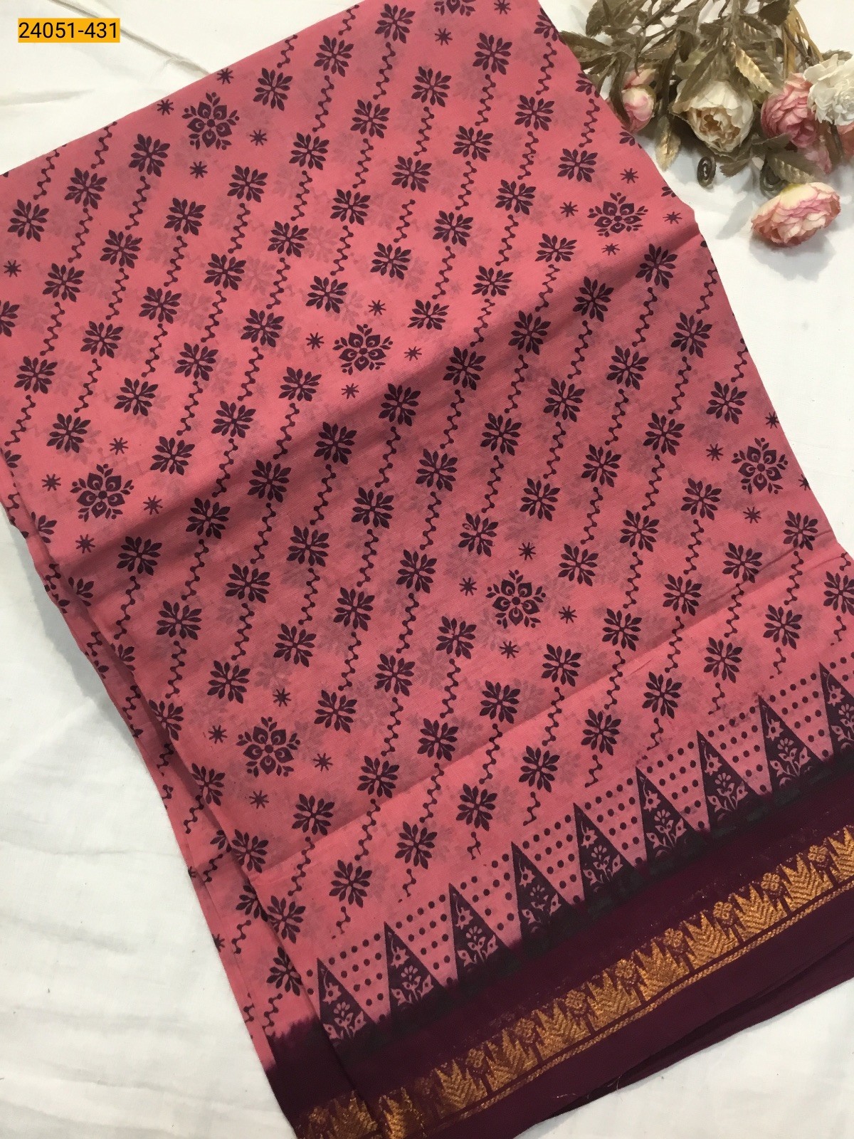 Pink With Maroon Sungudi Cotton Printed Saree