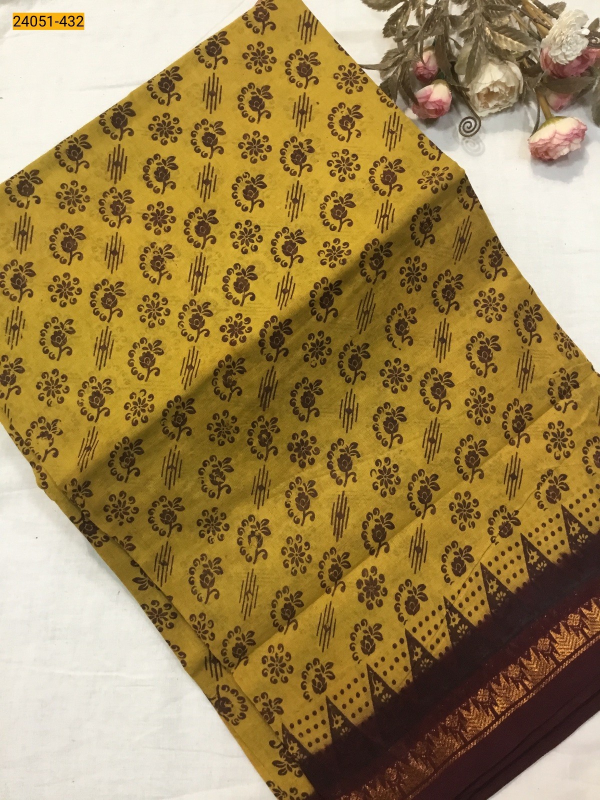 Mustard Yellow With Brown Sungudi Cotton Printed Saree