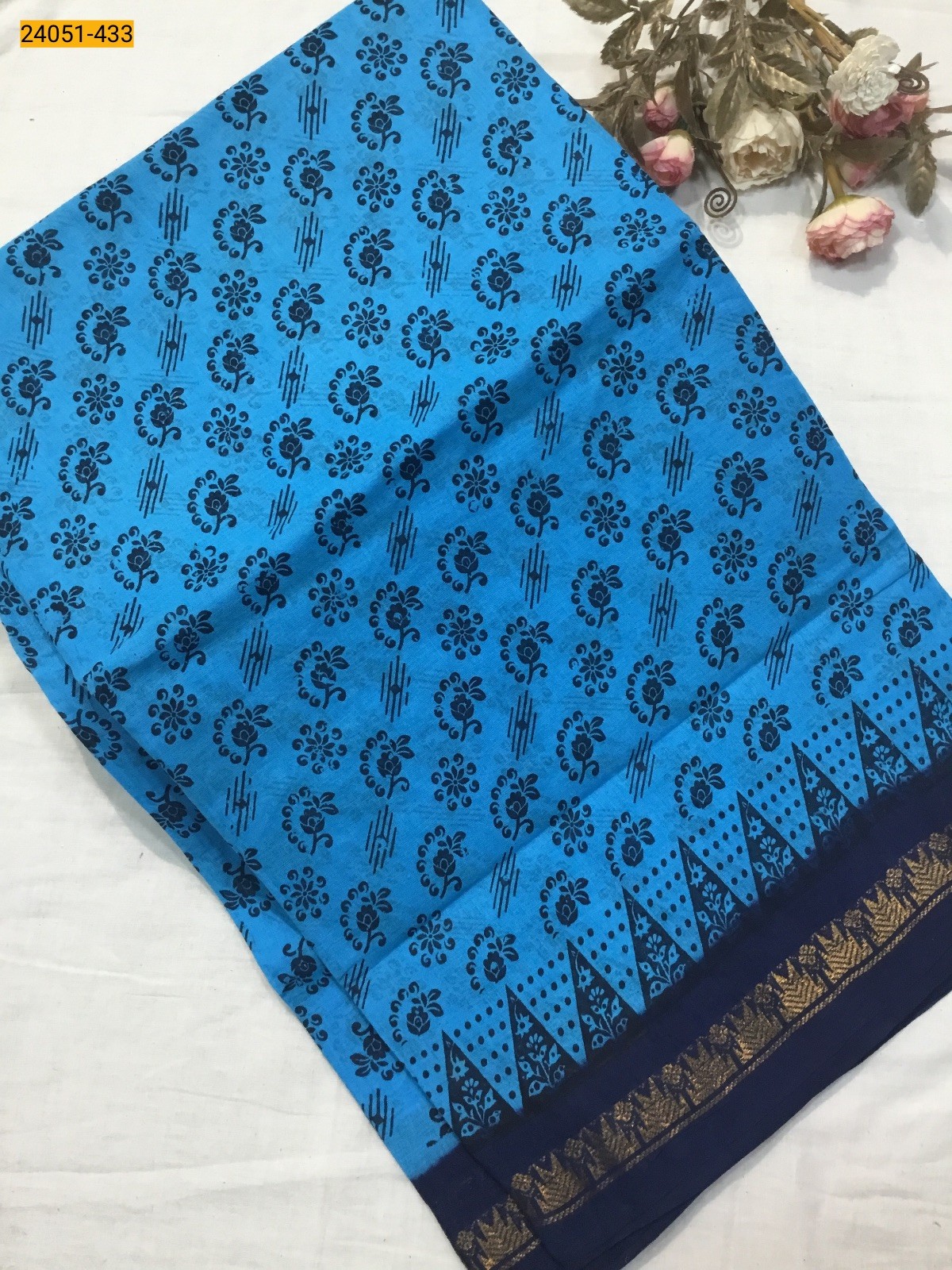 Sky Blue With Navy Sungudi Cotton Printed Saree