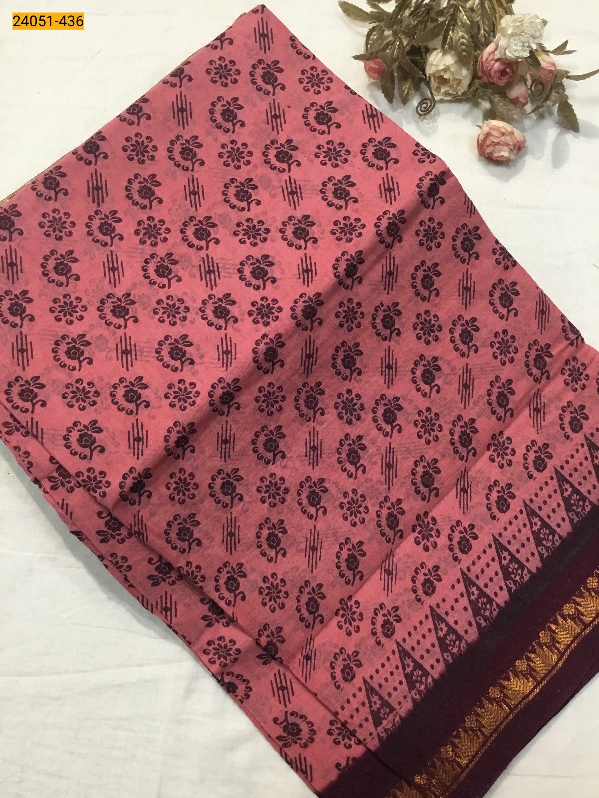 Pink With Brown Sungudi Cotton Printed Saree