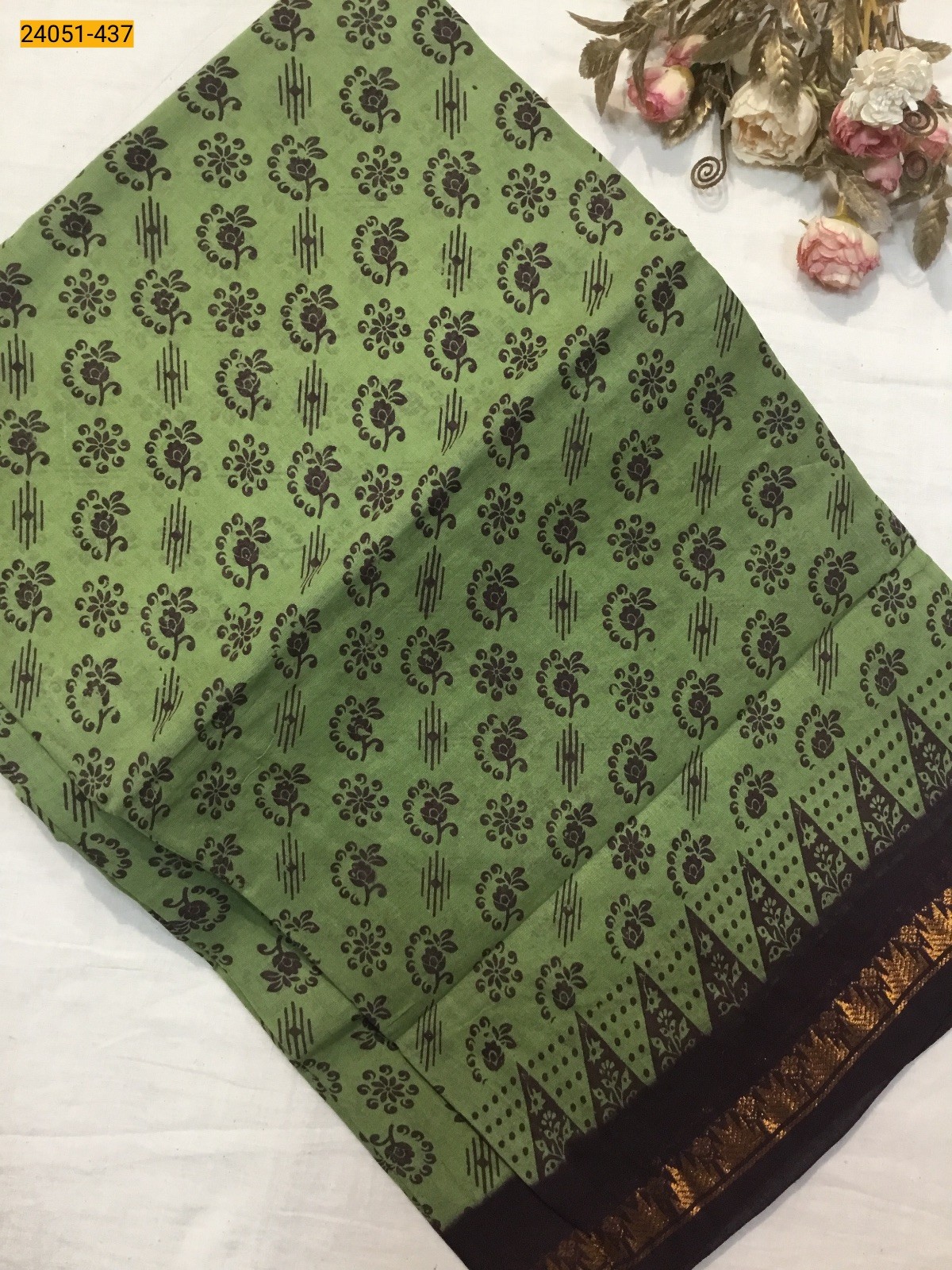 Green With Brown Sungudi Cotton Printed Saree