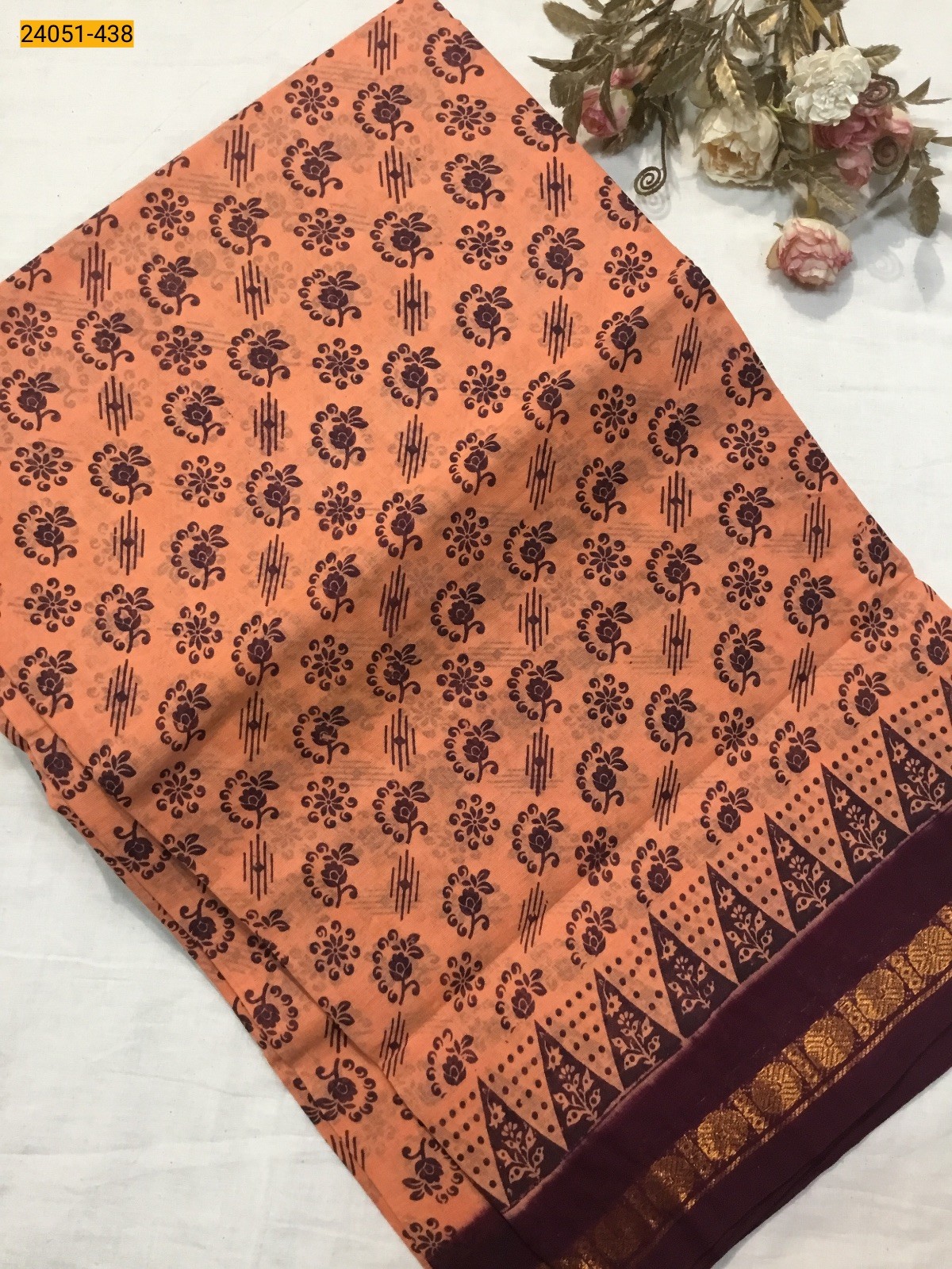 Orange With Maroon Sungudi Cotton Printed Saree