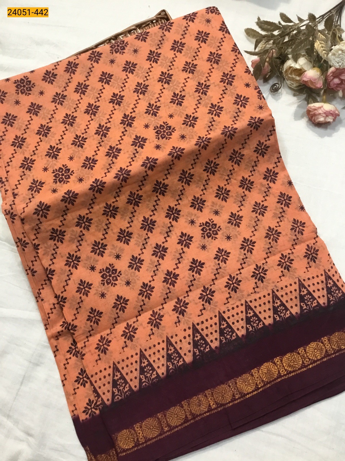 Orange With Maroon Sungudi Cotton Printed Saree