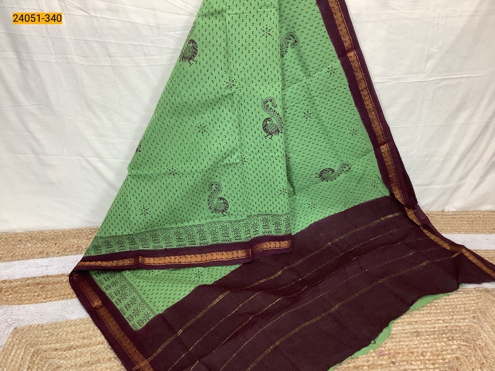 Green With Navy Blue Sungudi Cotton Printed Saree