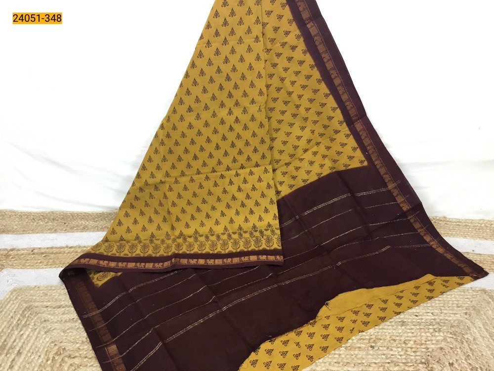 Mustard Yellow With Maroon Sungudi Cotton Printed Saree