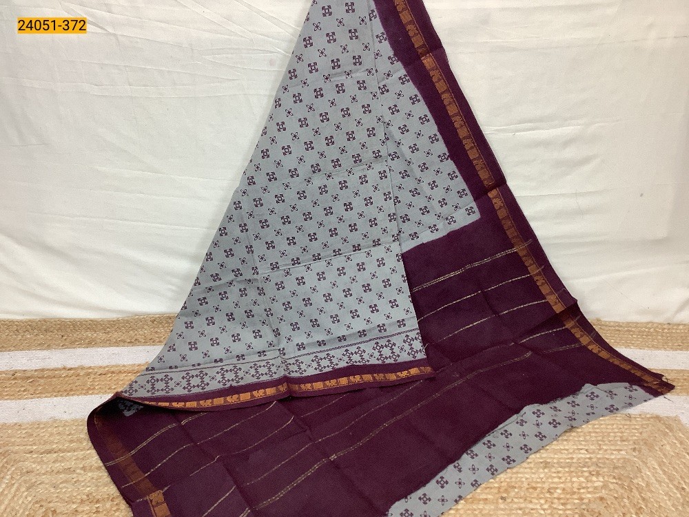 Gray With Maroon Sungudi Cotton Printed Saree