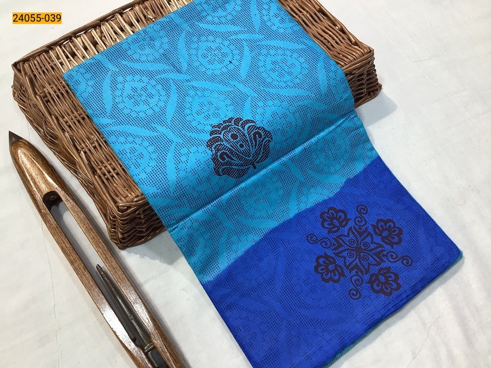 Sky Blue  Mulmul Floral Printed cotton Saree