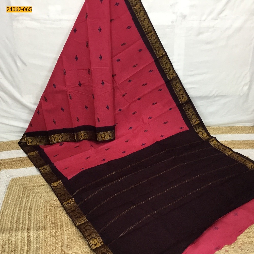 Pink With Brown Sungudi Cotton Printed Saree