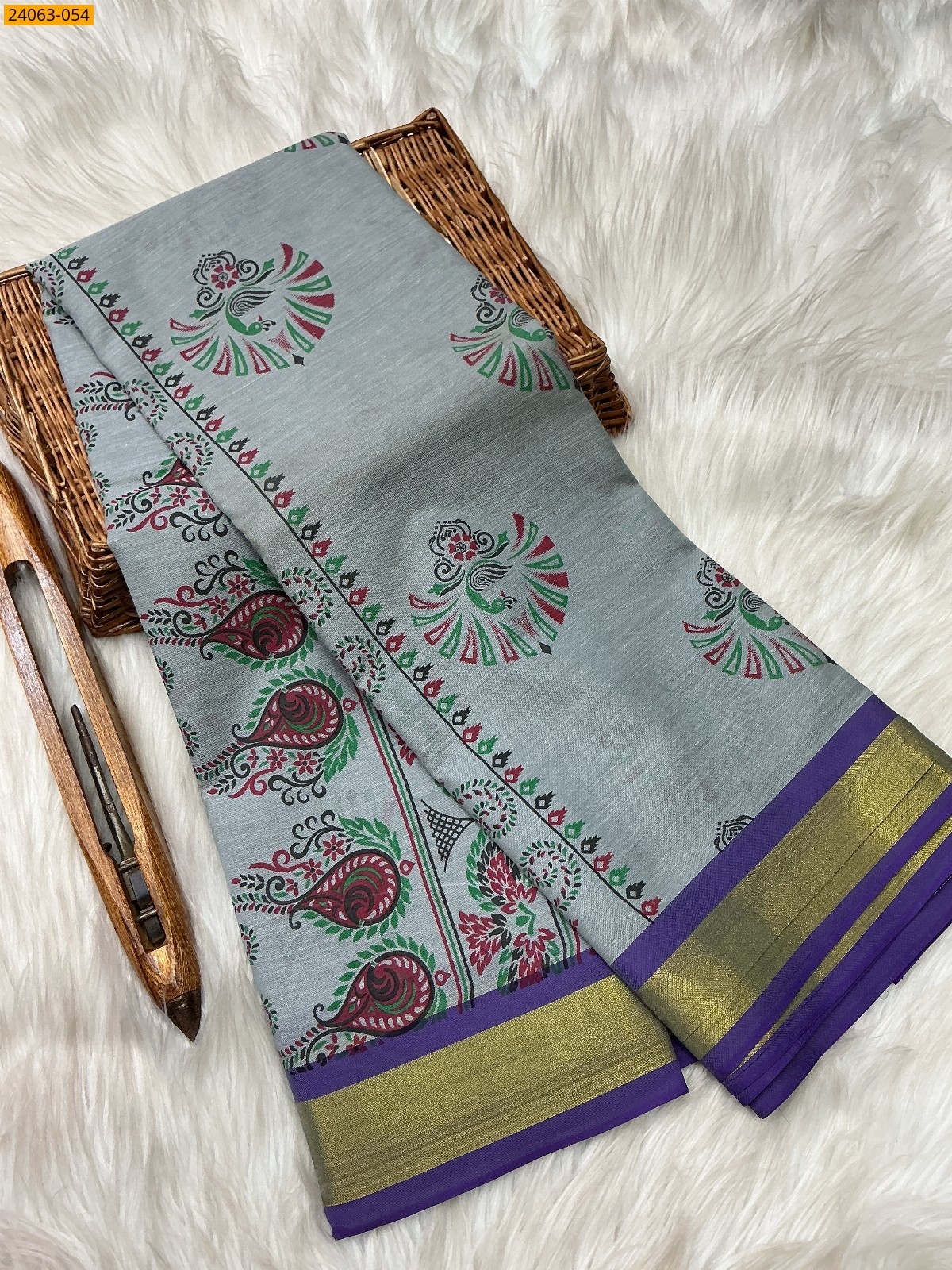 Grey Tirupur Dyed Printed Cotton Saree