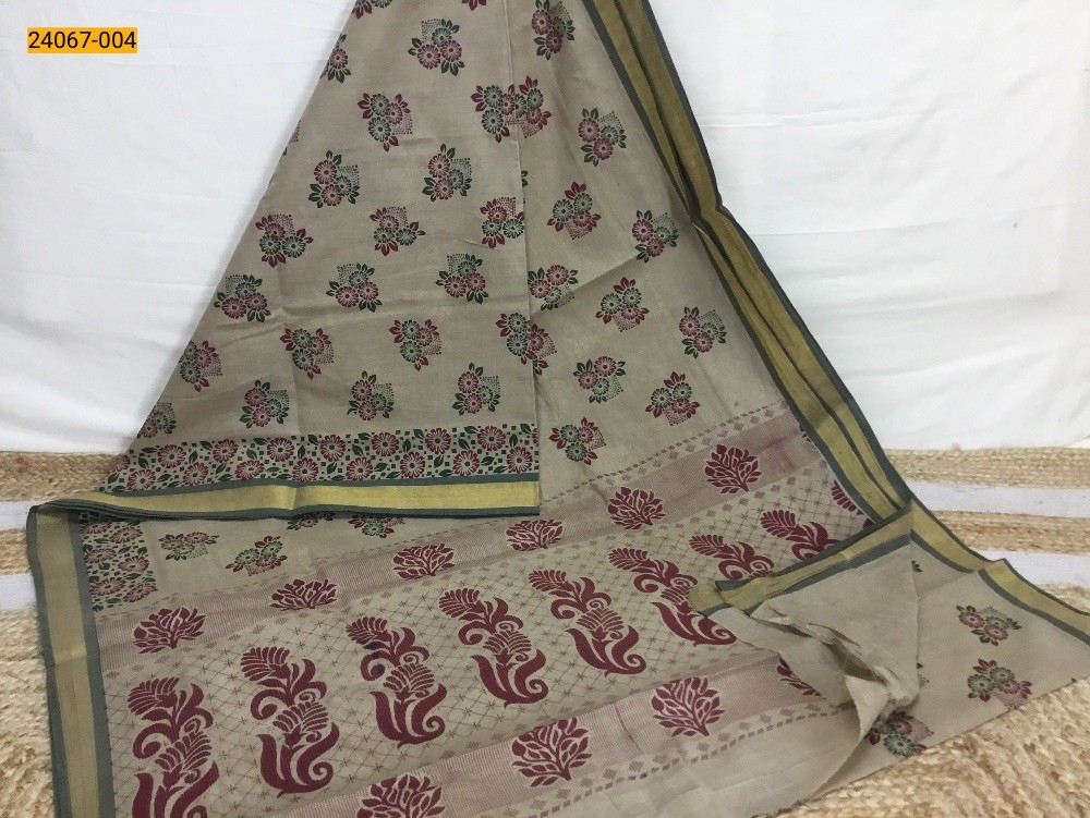 Beige Tirupur Dyed Printed Cotton Saree