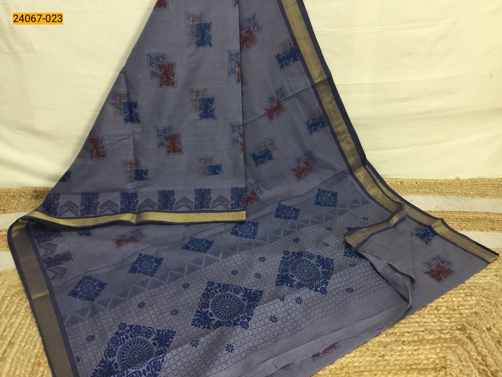 Blue Tirupur Dyed Printed Cotton Saree