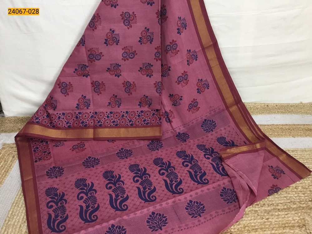 pink Tirupur Dyed Printed Cotton Saree