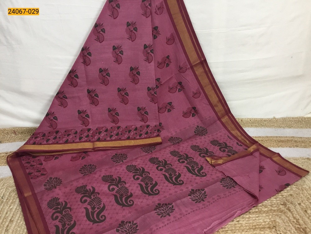 Pink Tirupur Dyed Printed Cotton Saree