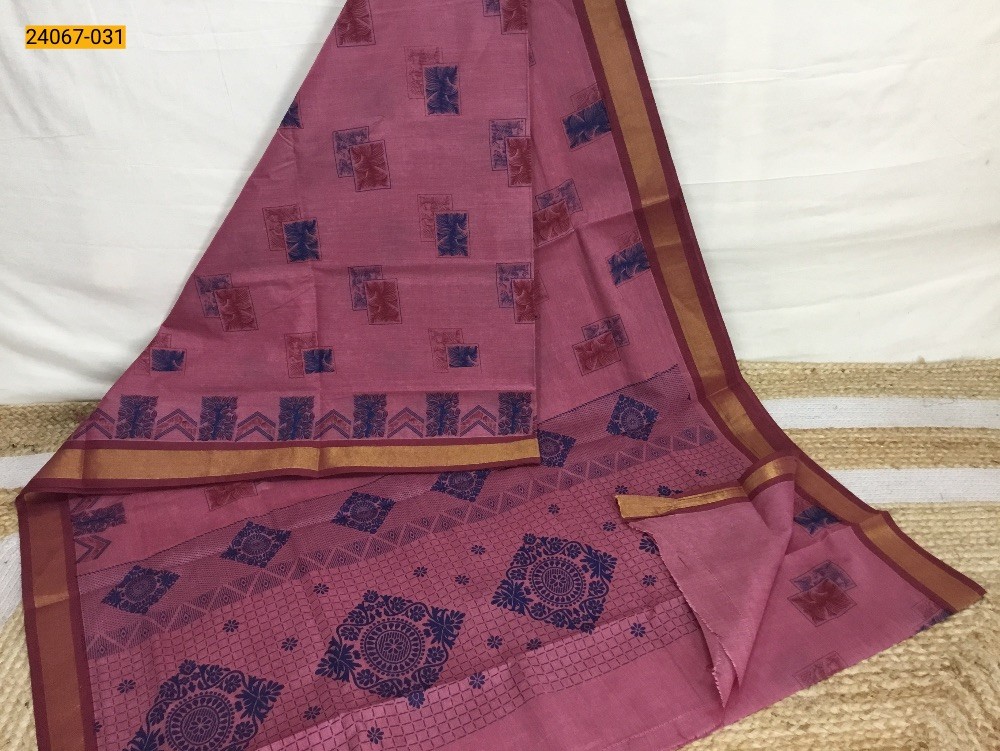 Pink Tirupur Dyed Printed Cotton Saree