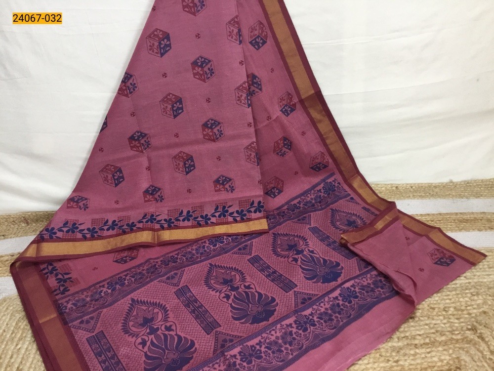 Pink Tirupur Dyed Printed Cotton Saree