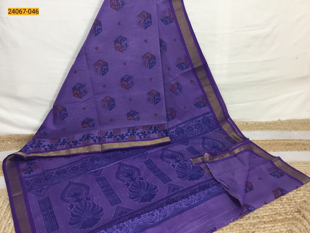 Dark violet Tirupur Dyed Printed Cotton Saree