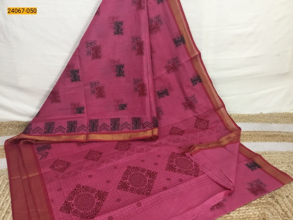 Dark Pink Tirupur Dyed Printed Cotton Saree