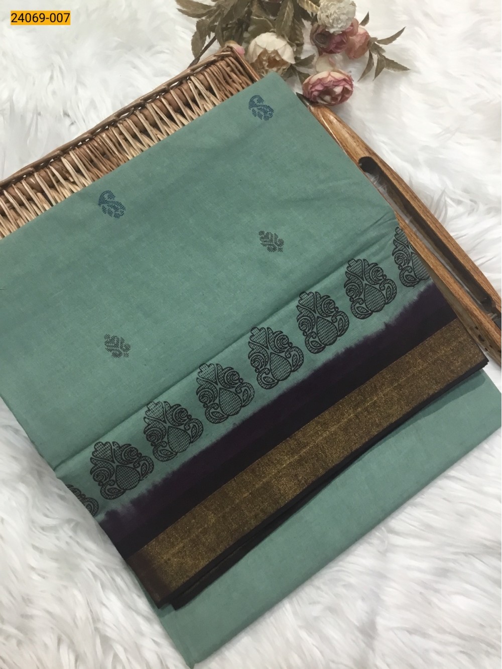 Green Tirupur Dyed Printed Cotton Saree