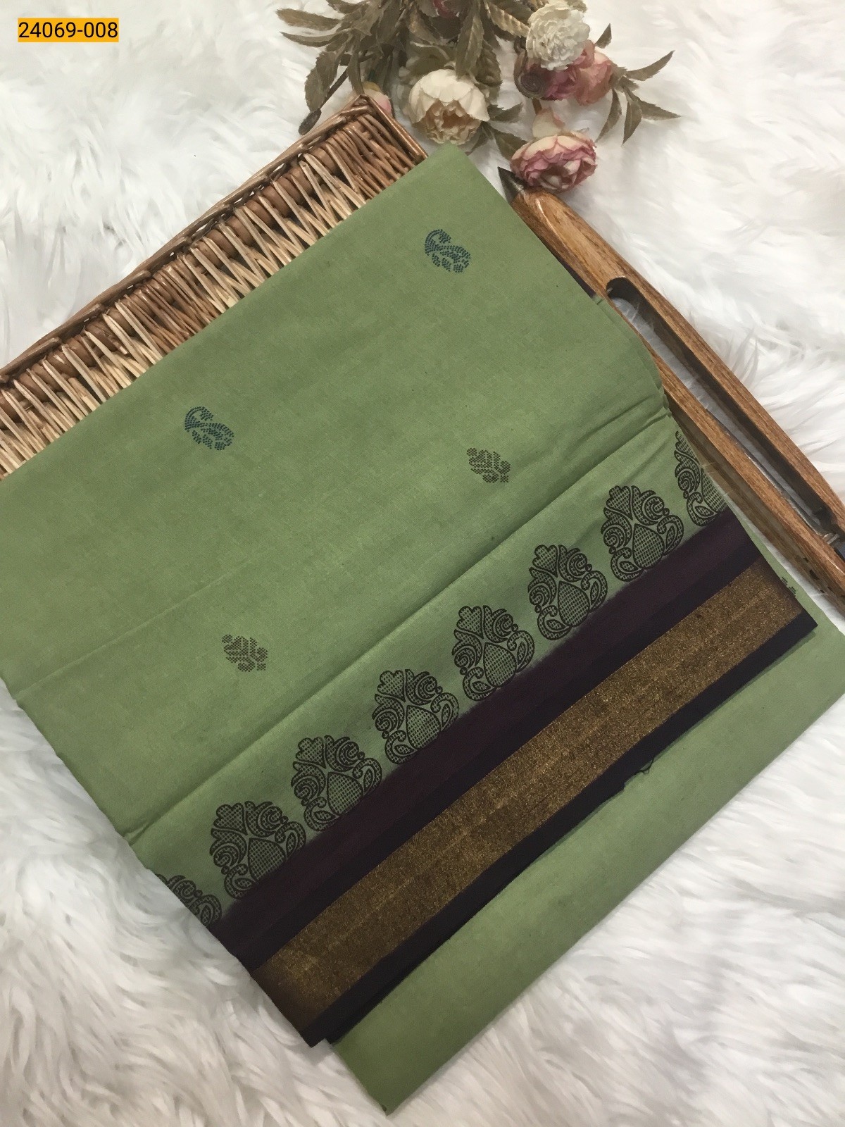 Light Green Tirupur Dyed Printed Cotton Saree