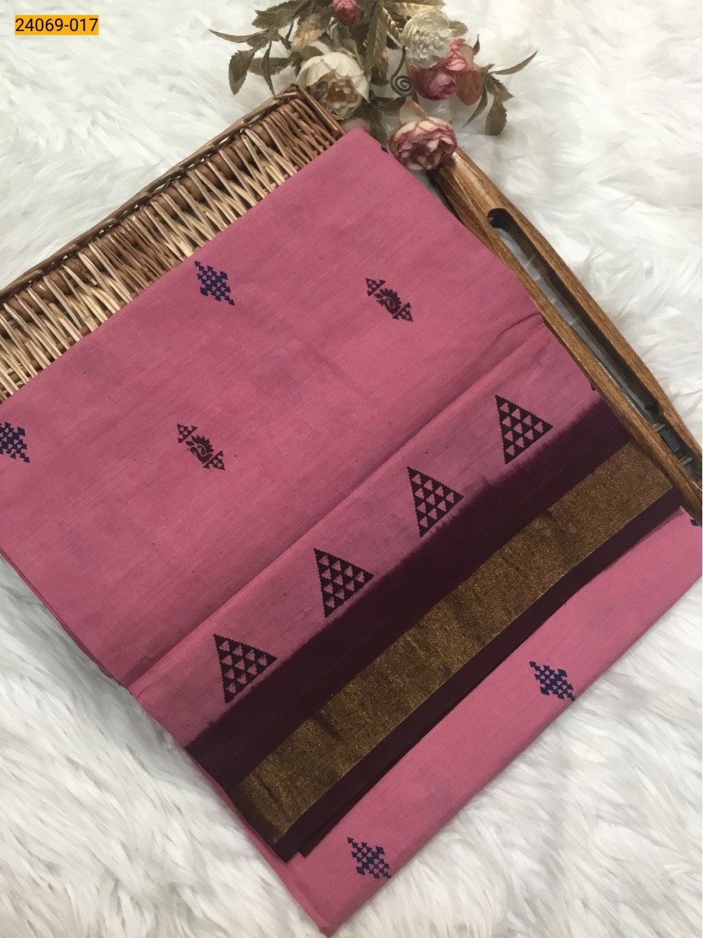 Pink Tirupur Dyed Printed Cotton Saree