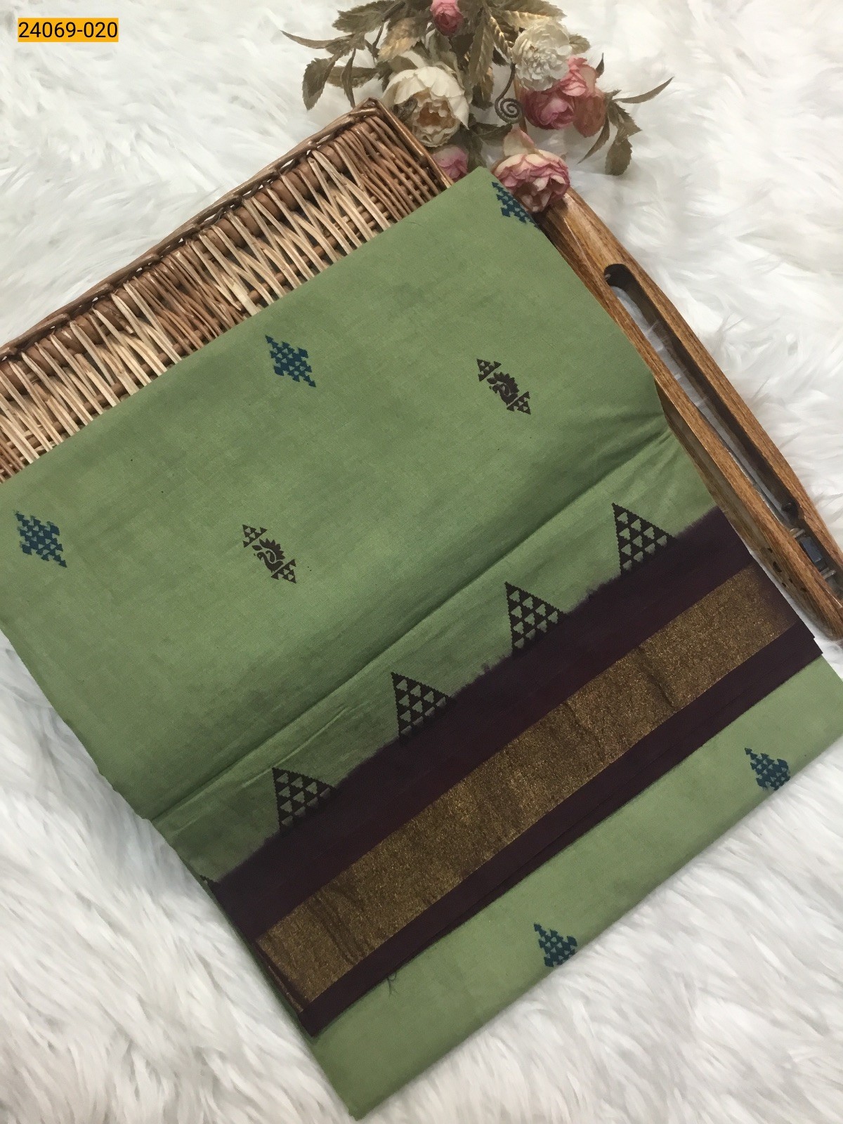 Light Green Tirupur Dyed Printed Cotton Saree