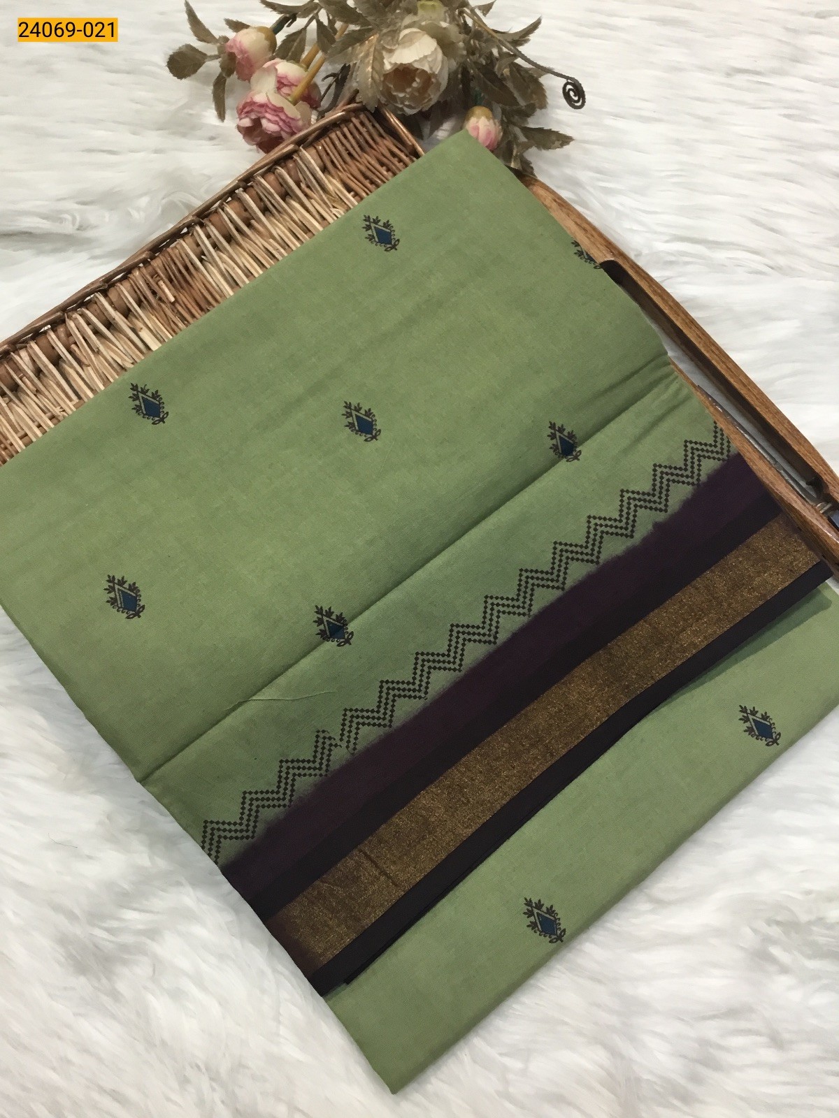 Light Green Tirupur Dyed Printed Cotton Saree