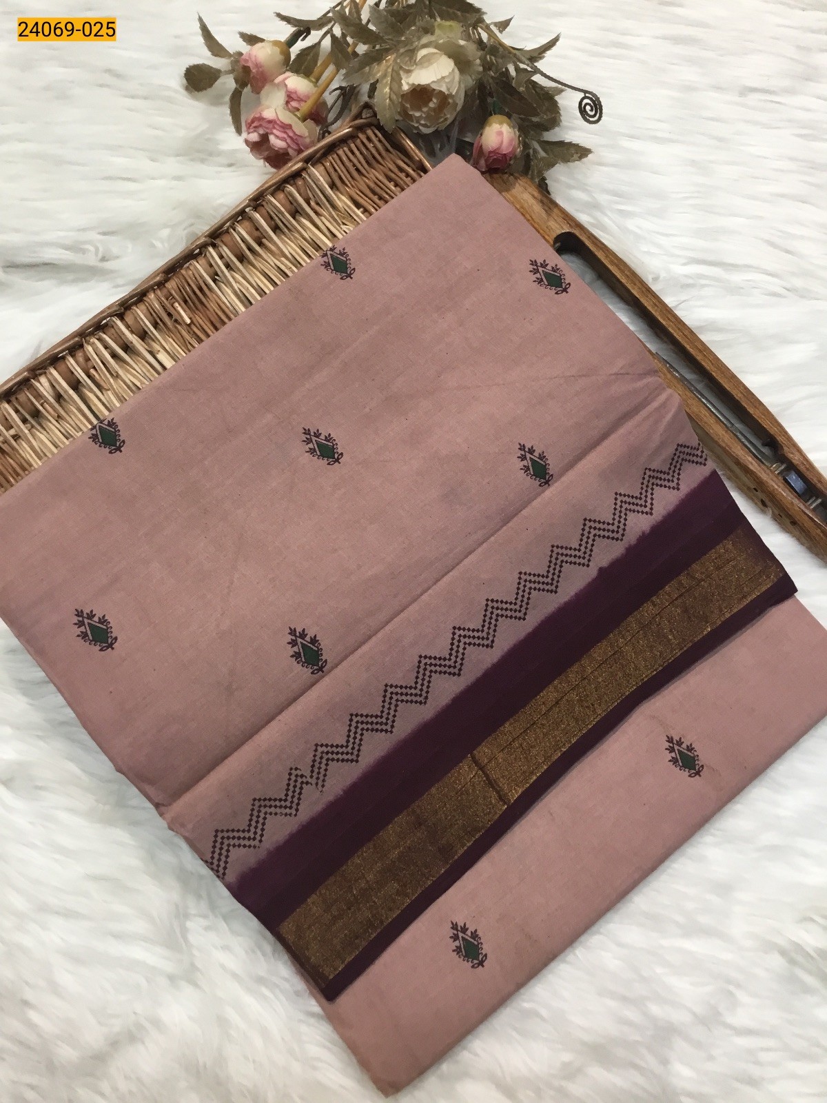 Peach Tirupur Dyed Printed Cotton Saree