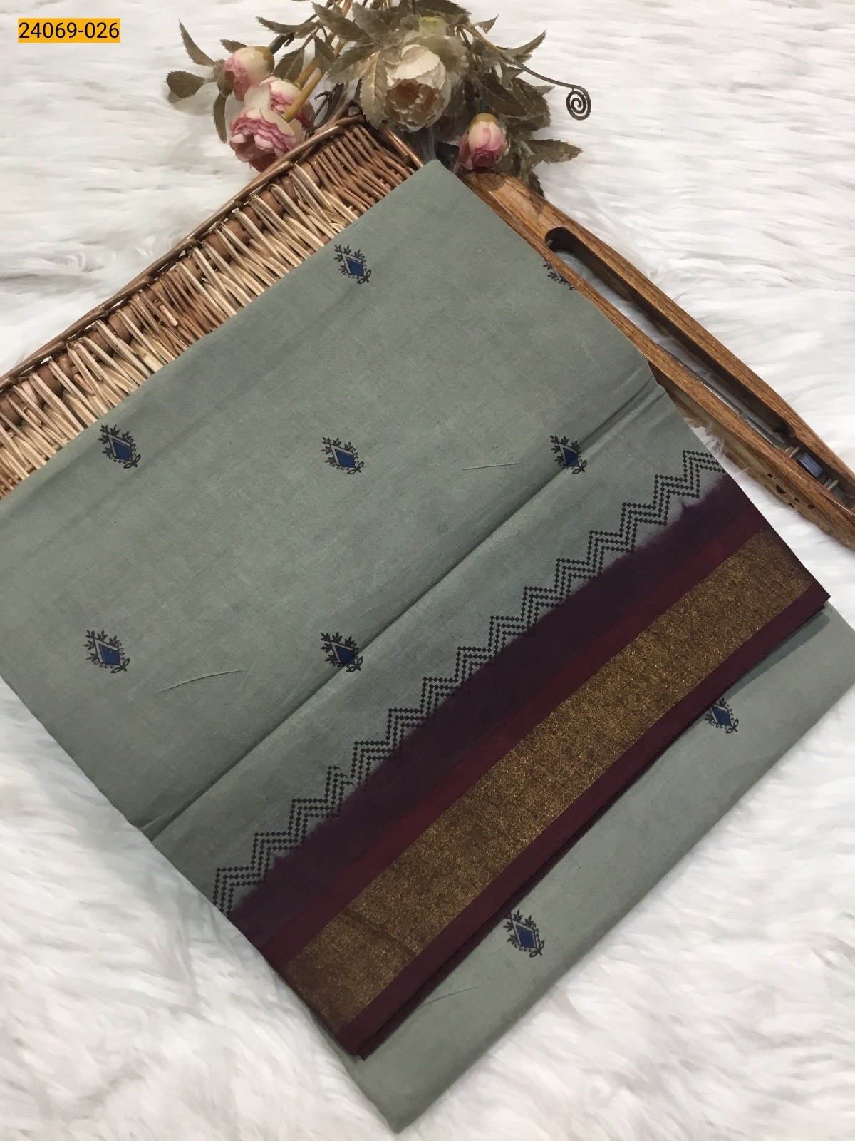 Gray Tirupur Dyed Printed Cotton Saree