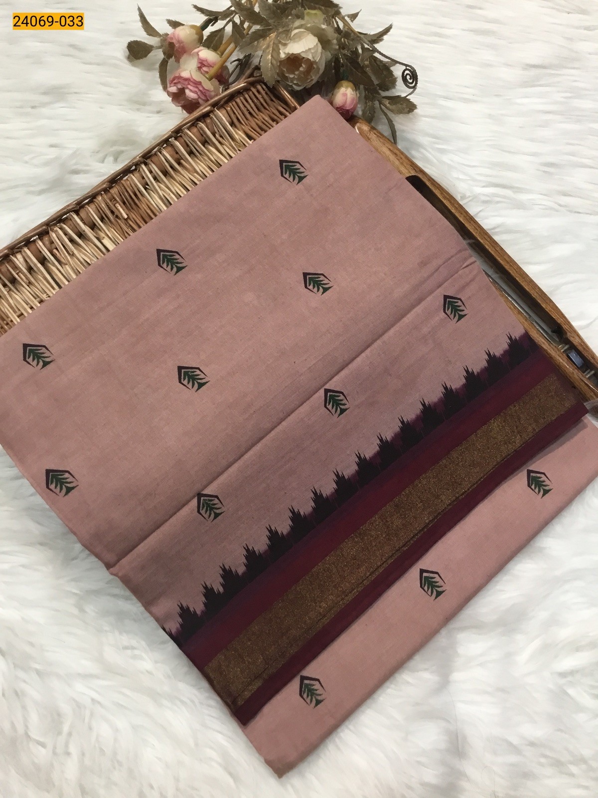 Peach Tirupur Dyed Printed Cotton Saree