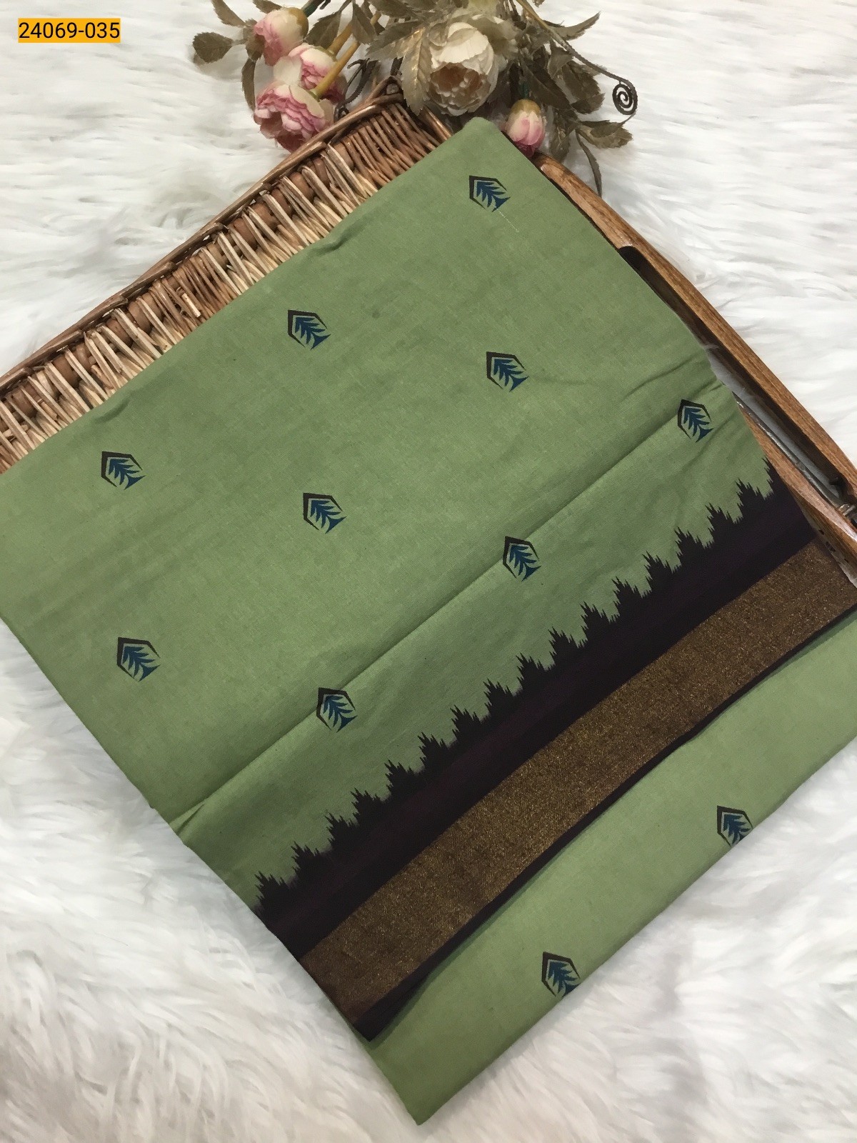 Light Green Tirupur Dyed Printed Cotton Saree