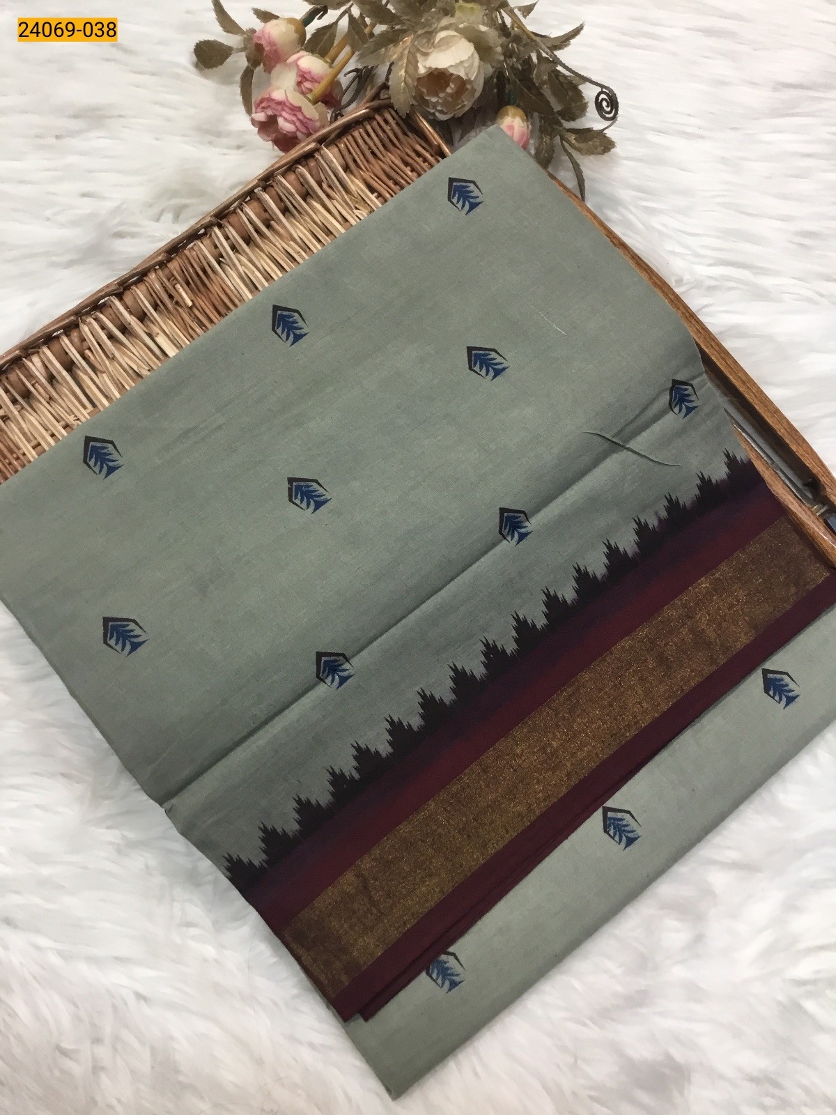 Gray Tirupur Dyed Printed Cotton Saree