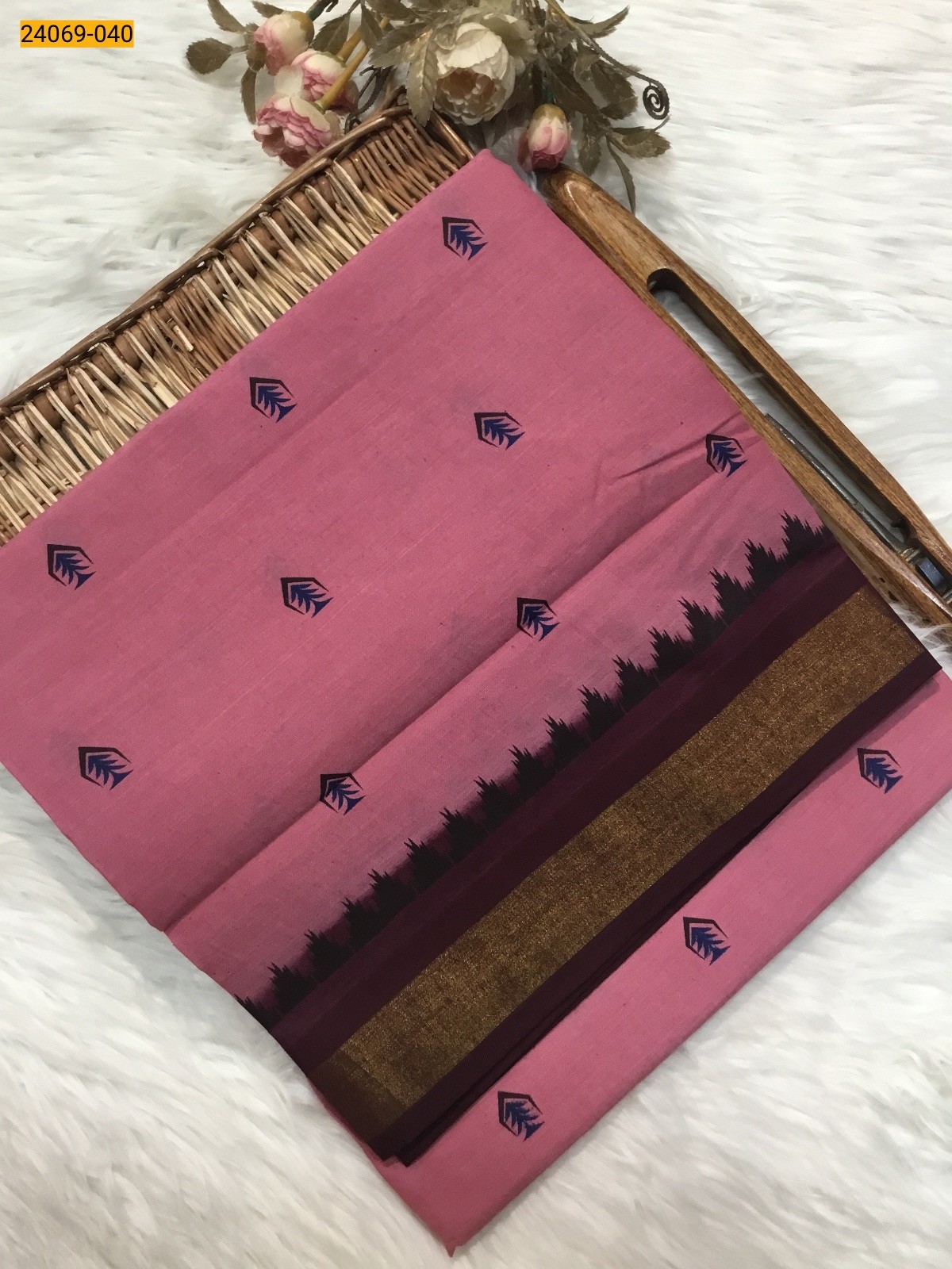 Pink Tirupur Dyed Printed Cotton Saree