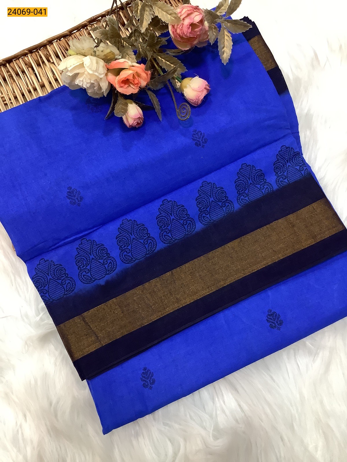 Royal Blue Tirupur Dyed Printed Cotton Saree