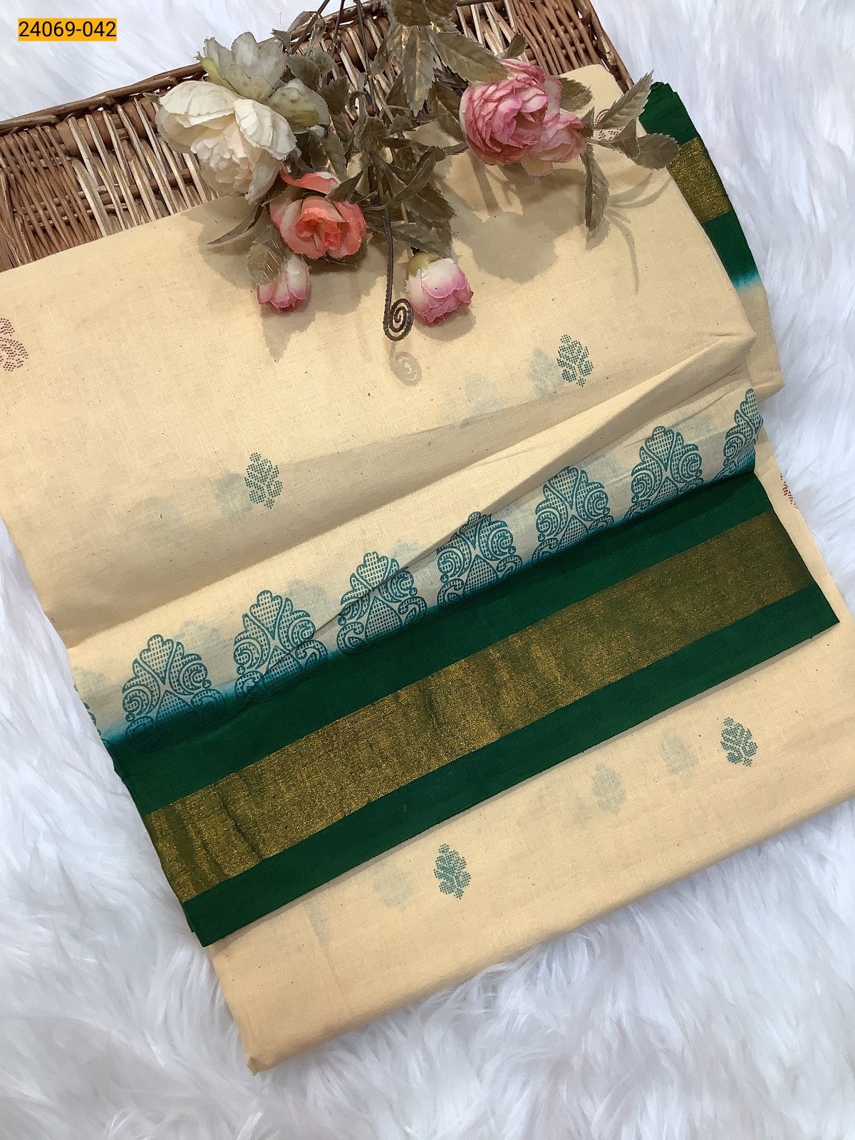 Half White Tirupur Dyed Printed Cotton Saree