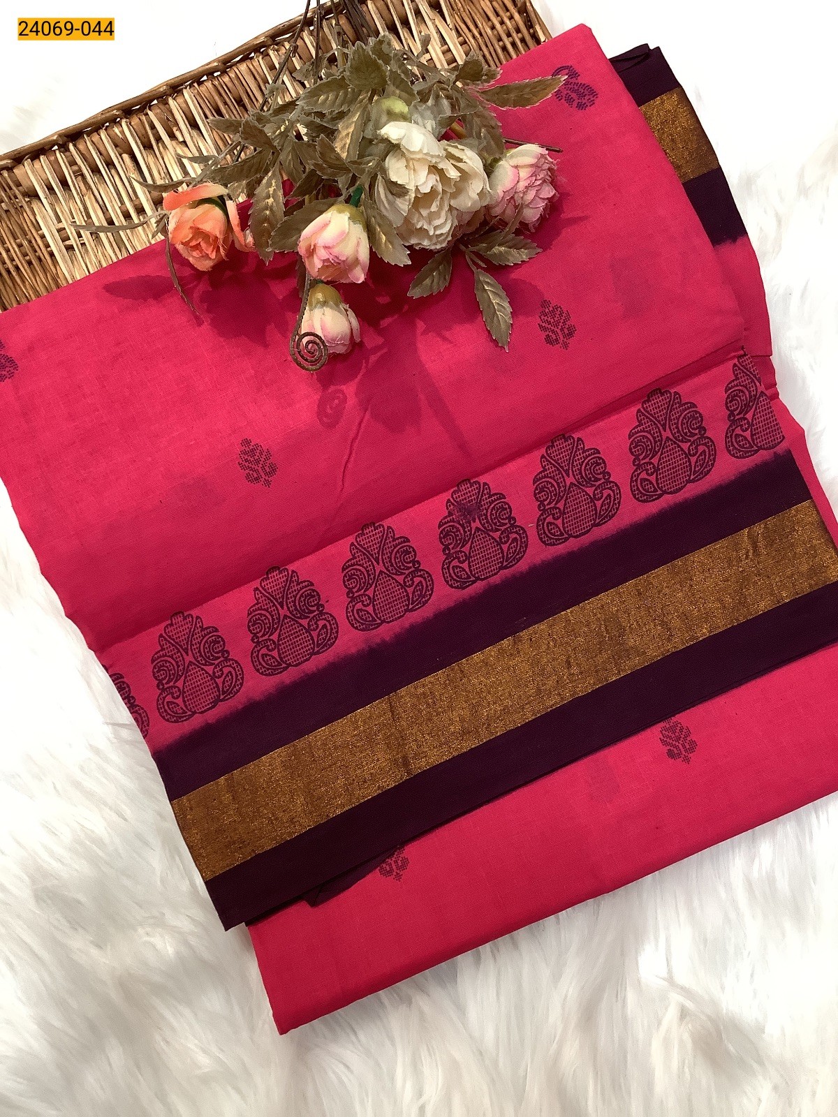 Pink Tirupur Dyed Printed Cotton Saree