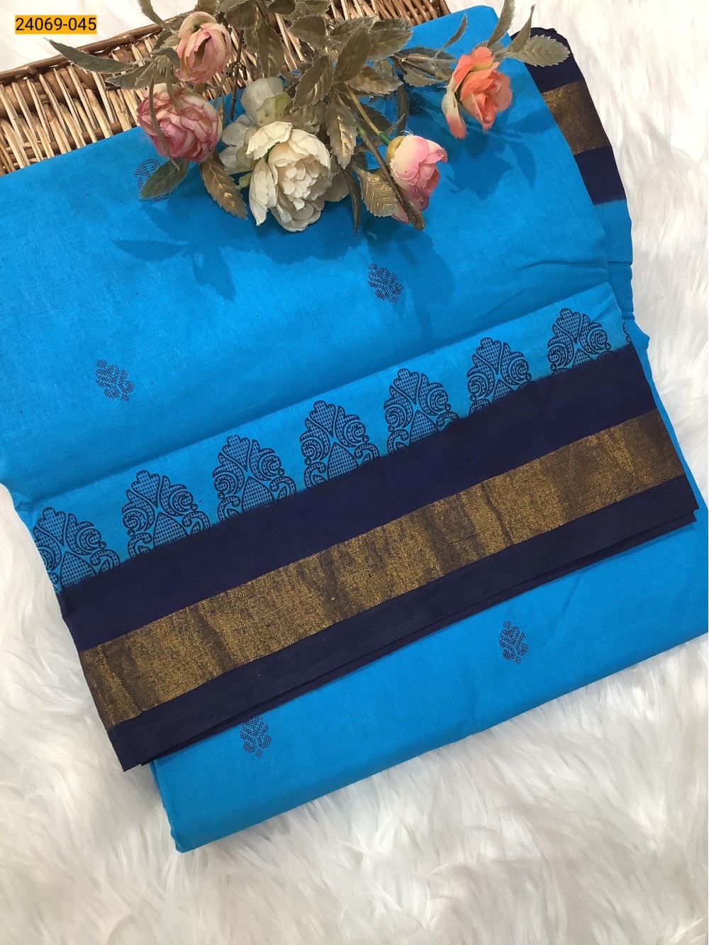 Blue Tirupur Dyed Printed Cotton Saree